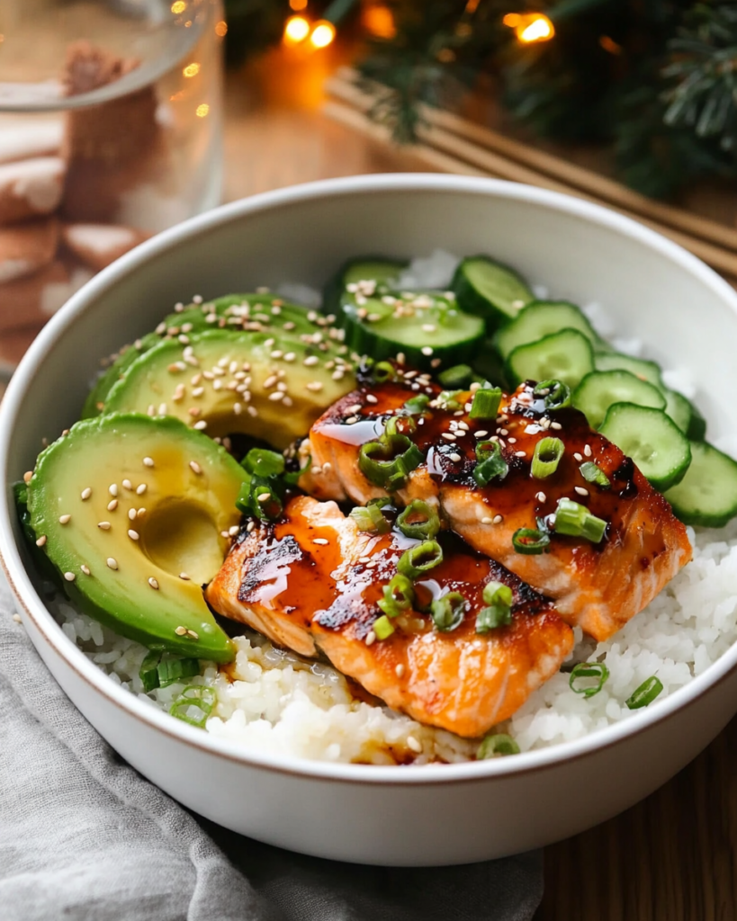  Ingredients for Salmon Sushi Bowls, including salmon filets, sushi rice, avocado, cucumber, soy sauce, ginger, nori, and sriracha mayo components.