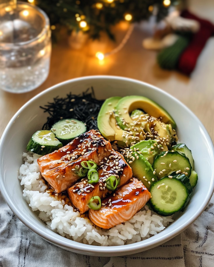 Assembling a Salmon Sushi Bowl by arranging broiled salmon and fresh toppings over sushi rice.
