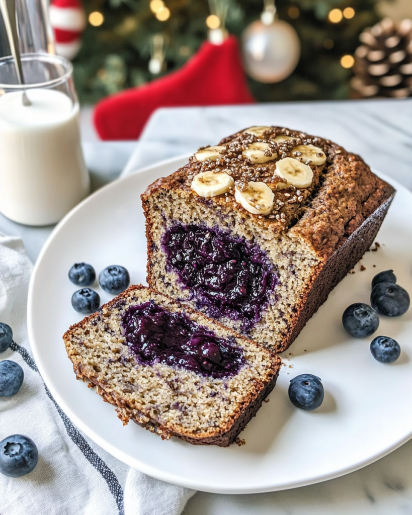  Ingredients for Oatmeal Banana Bread, including rolled oats, bananas, blueberries, chia seeds, maple syrup, and coconut oil.
