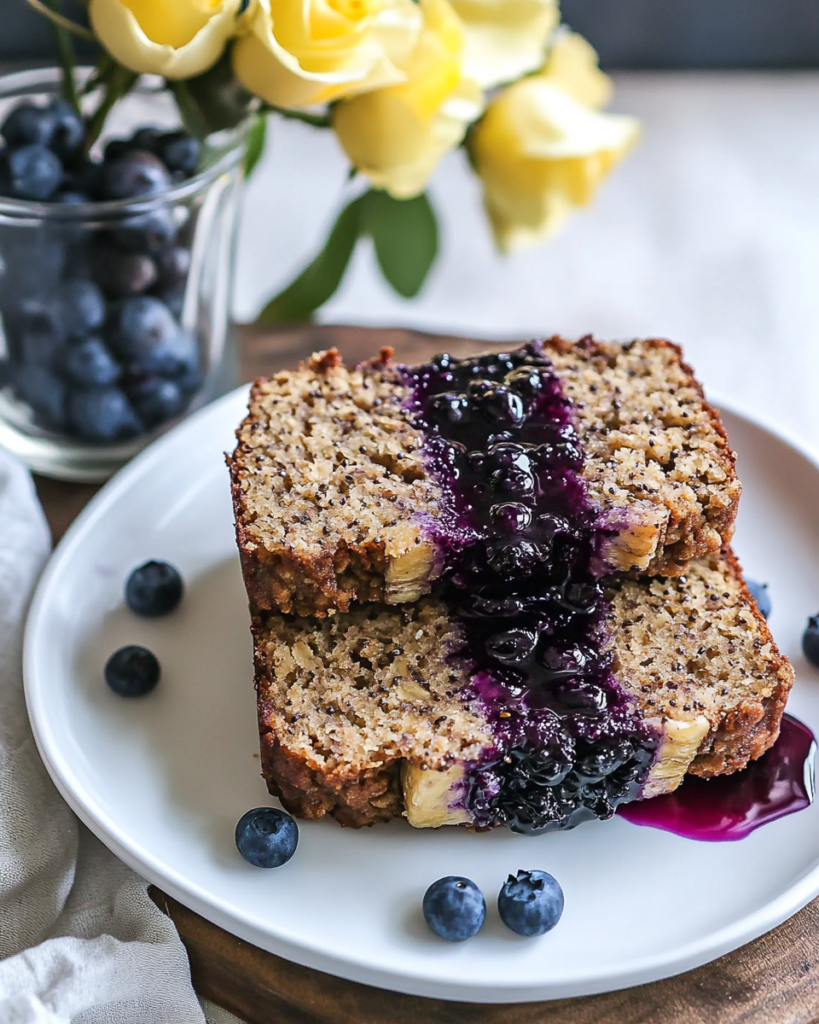 Spreading the blueberry chia jam layer over the batter in the loaf pan for Oatmeal Banana Bread.