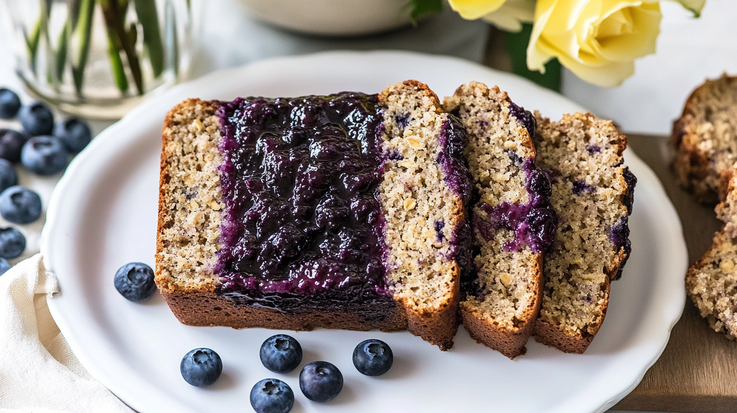 slice of Oatmeal Banana Bread showing the blueberry chia jam swirl inside.
