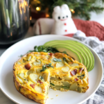 A slice of Leek Bacon Potato Frittata on a plate, garnished with avocado and served with a side salad.