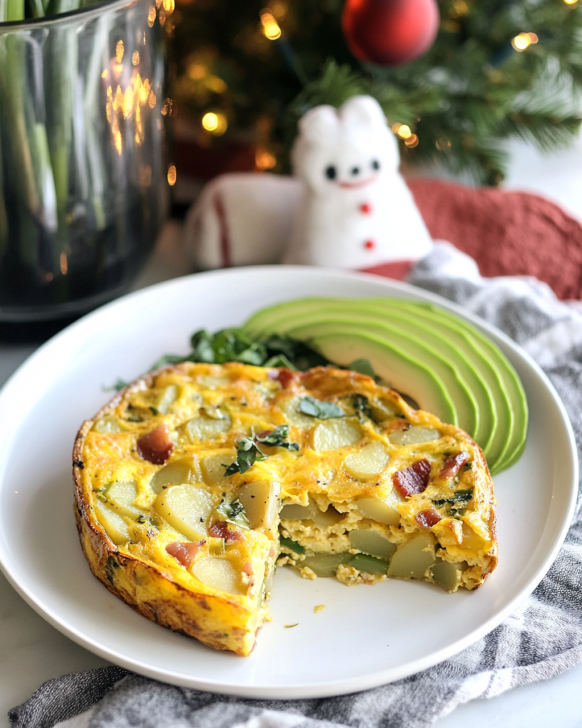 A slice of Leek Bacon Potato Frittata on a plate, garnished with avocado and served with a side salad.