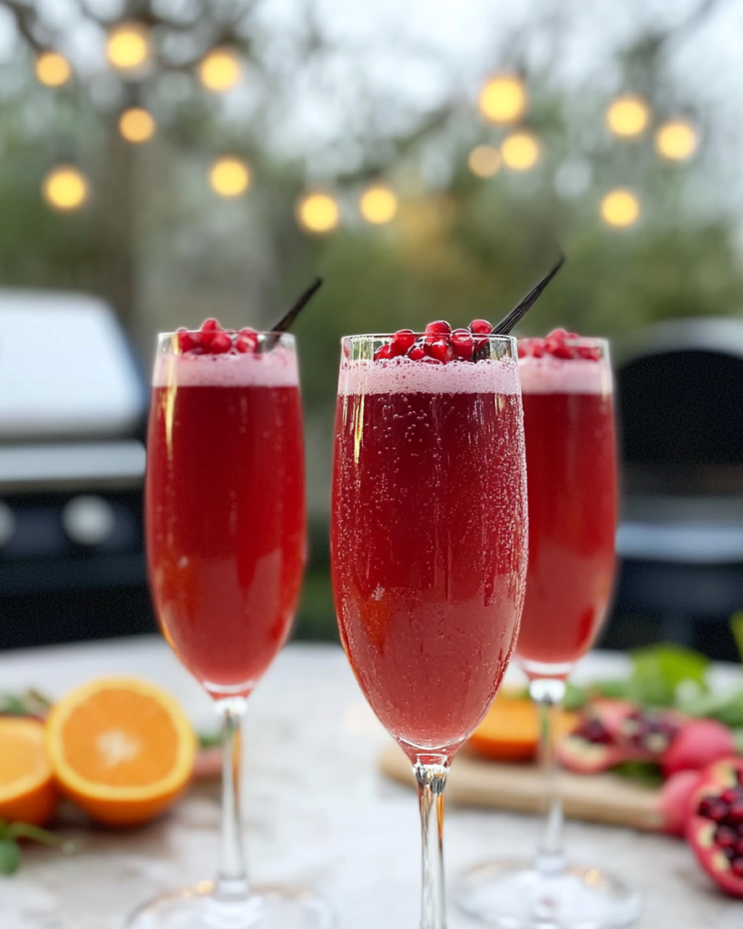 Pouring champagne/prosecco into a flute containing blood orange and pomegranate juice to make Blood Orange Mimosas.