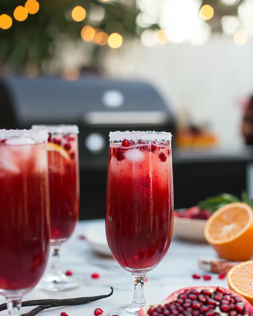 Rimming a champagne flute with vanilla bean sugar for Blood Orange Mimosas.