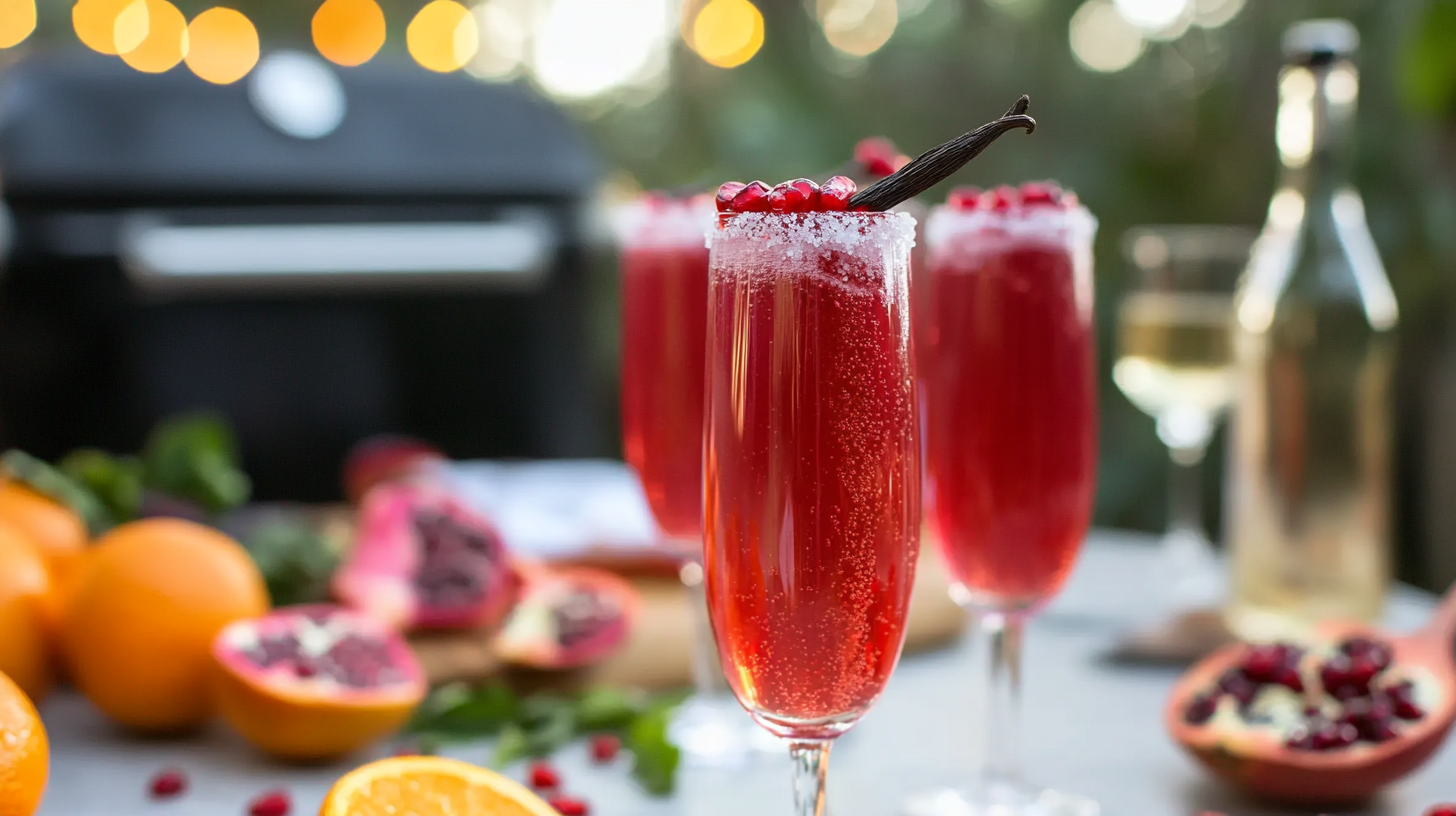 Elegant champagne flutes filled with vibrant red/orange Blood Orange Mimosas, garnished with vanilla bean sugar rims and pomegranate seeds.