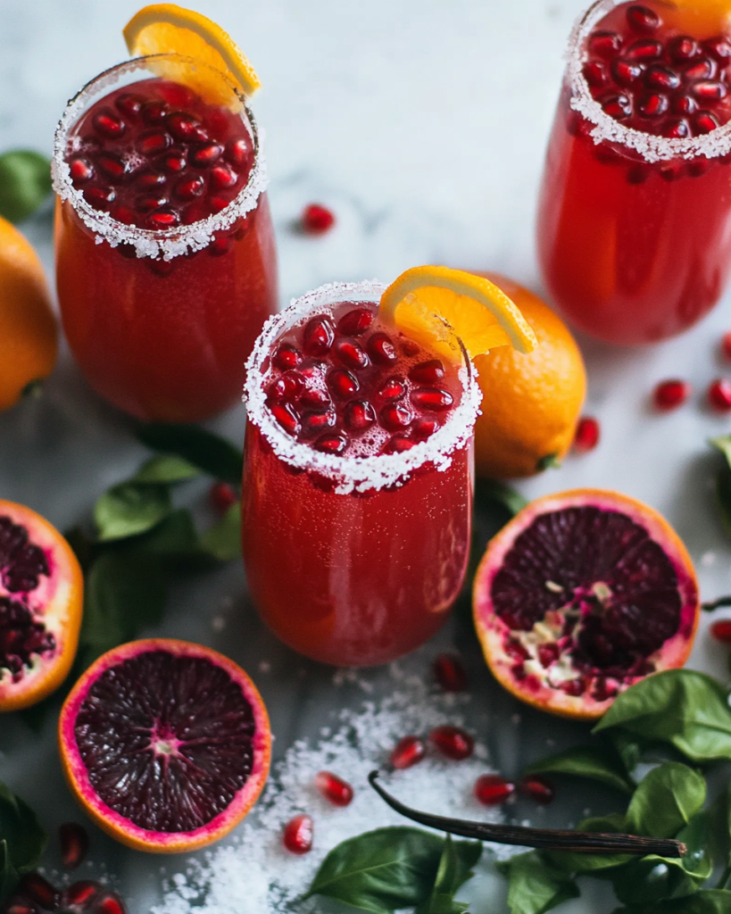 Ingredients for Blood Orange Mimosas, including blood oranges, pomegranate juice, champagne/prosecco, and a vanilla bean with sugar.