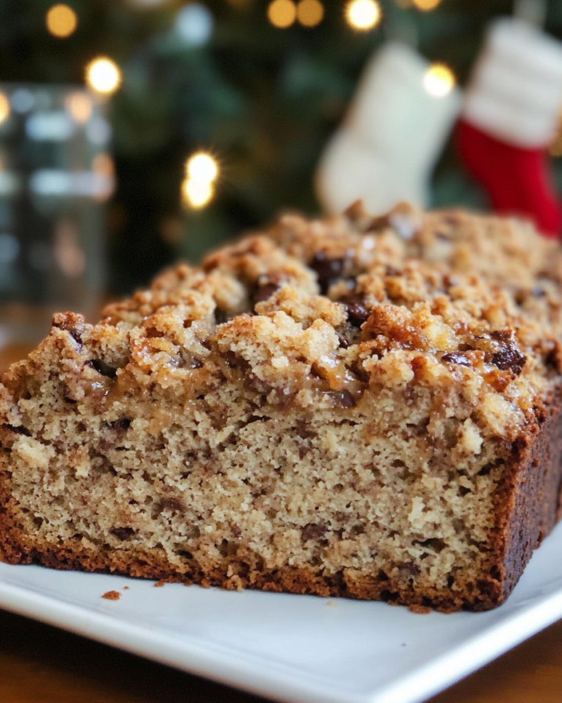 The whole Brown Butter Banana Bread loaf with coconut streusel topping, partially sliced on a cutting board.