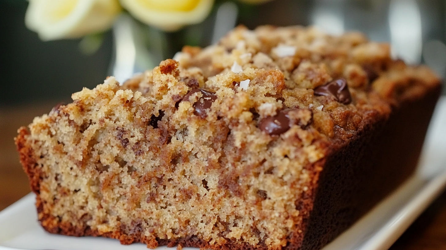 A slice of Brown Butter Banana Bread showing chocolate chips and coconut streusel topping.