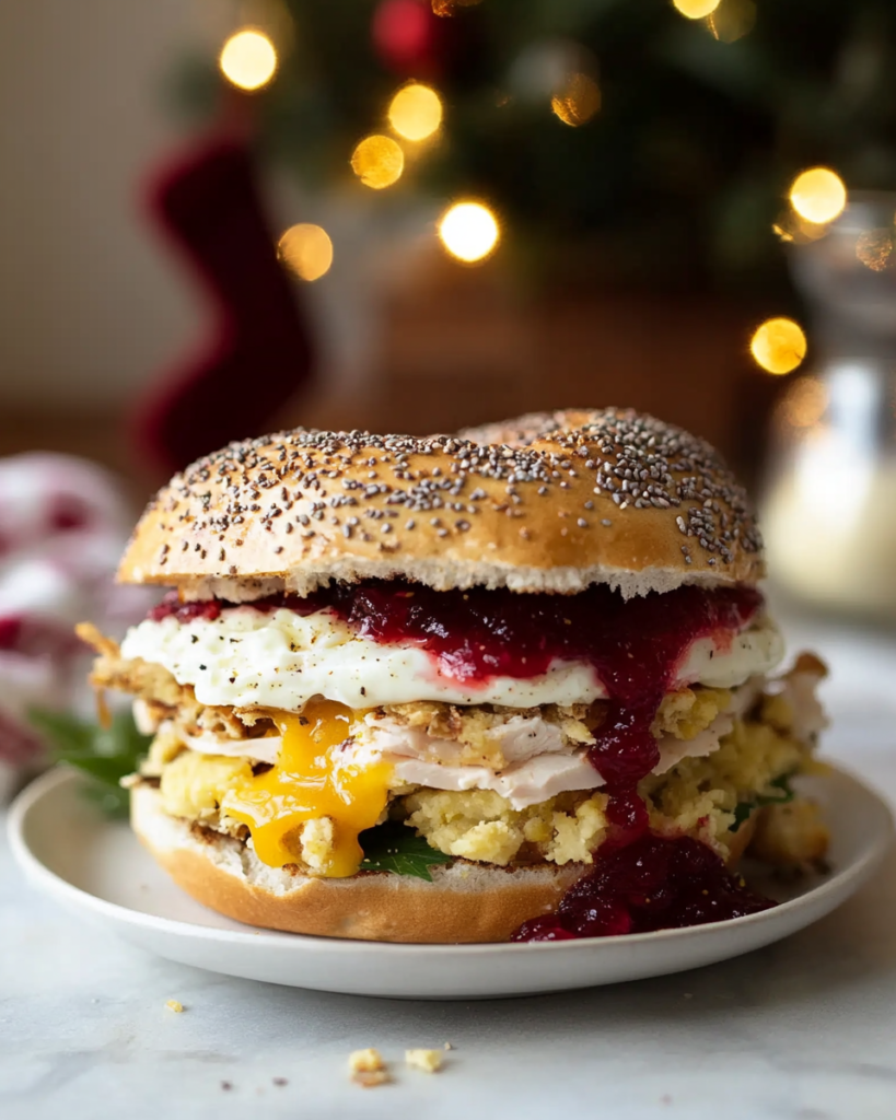 Layering warm Thanksgiving leftovers onto the toasted bagel base for the Thanksgiving Leftover Breakfast Sandwich.