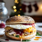 Ingredients for the Thanksgiving Leftover Breakfast Sandwich, showing leftover turkey, stuffing, mashed potatoes, cranberry sauce, cream cheese, an everything bagel, and an egg.
