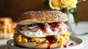An epic Thanksgiving Leftover Breakfast Sandwich on an everything bagel, piled high with turkey, stuffing, potato, egg, and cranberry cream cheese.