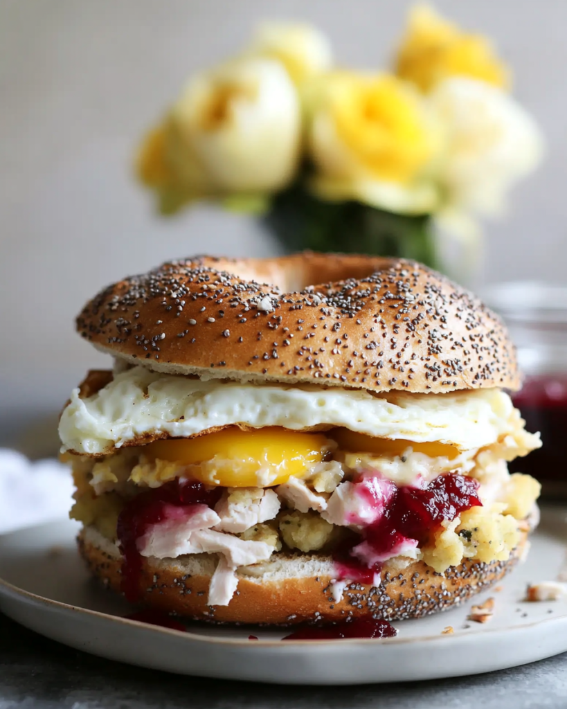Someone holding or about to bite into the large Thanksgiving Leftover Breakfast Sandwich.