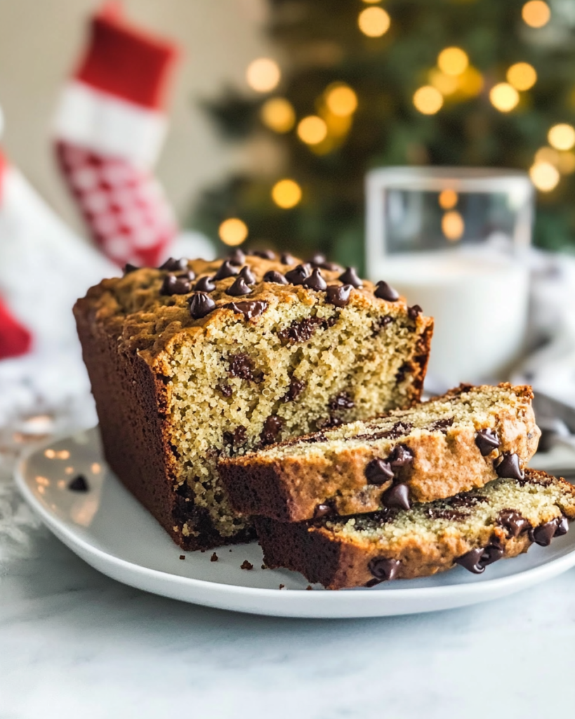 The whole loaf of Quinoa Flour Banana Bread on a cutting board, partially sliced.