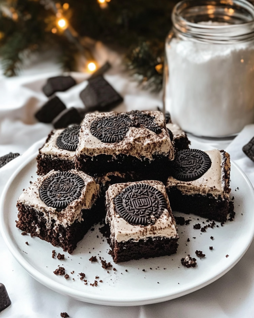  Ingredients for Cookies and Cream Brownies, including cocoa powder, butter, sugar, eggs, Oreos, cream cheese (for frosting variation), and powdered sugar.