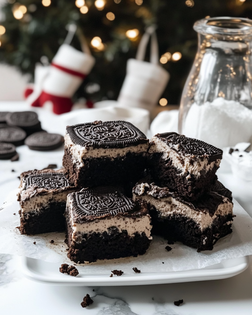 Spreading the thick cookies and cream buttercream frosting over the cooled brownie base for Cookies and Cream Brownies.