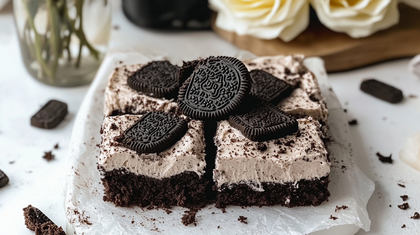 Fudgy Cookies and Cream Brownies cut into squares, showing the thick Oreo buttercream frosting.