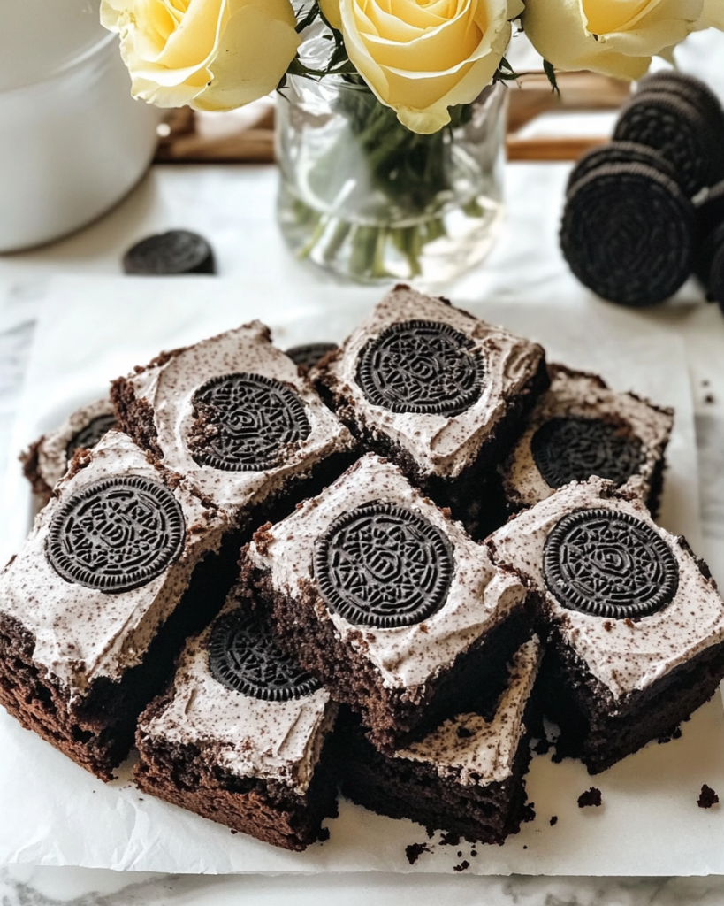 A close-up of a Cookies and Cream Brownie square, showing the fudgy base and creamy, cookie-studded frosting.