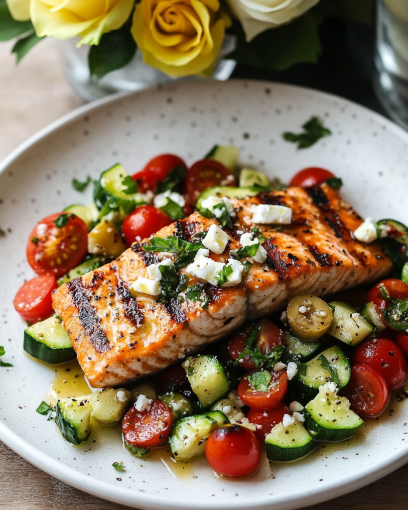 A close-up of the Grilled Salmon with Zucchini Greek Salad, highlighting the flaky salmon, marinated zucchini, and fresh toppings.