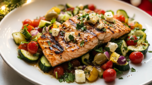 A vibrant plate featuring a perfectly Grilled Salmon fillet served over a colorful Zucchini Greek Salad with feta, tomatoes, olives, and herbs.