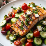 Grilling seasoned salmon fillets on an outdoor grill or stovetop grill pan for the Grilled Salmon Zucchini Salad.