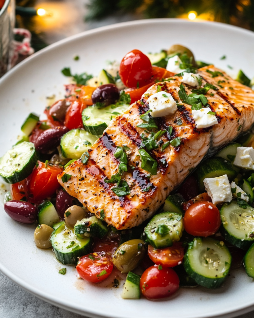 Grilling seasoned salmon fillets on an outdoor grill or stovetop grill pan for the Grilled Salmon Zucchini Salad.