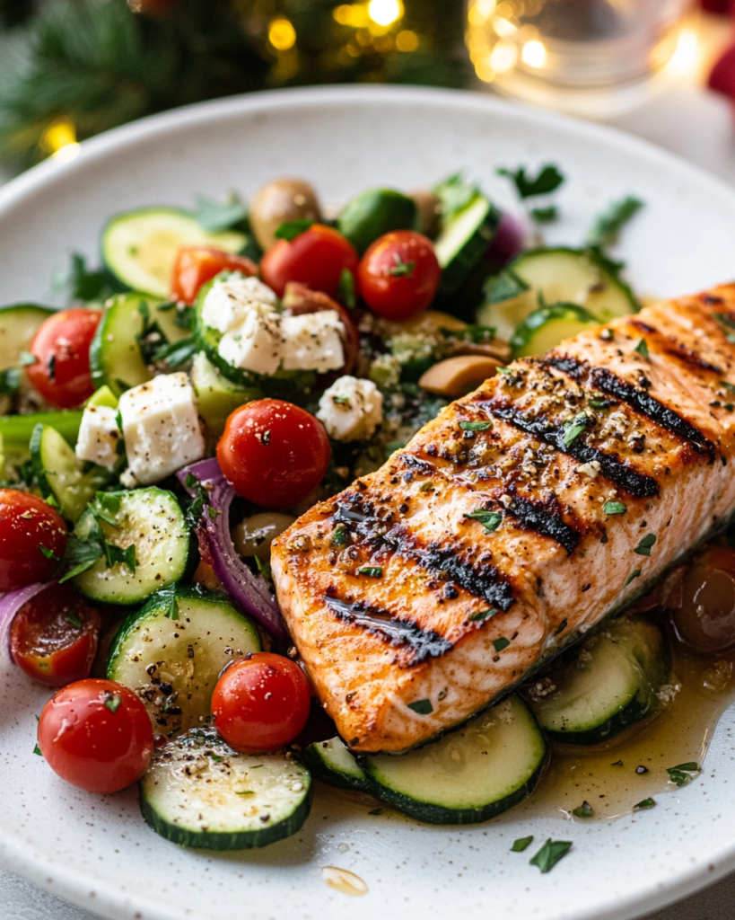  Ingredients for Grilled Salmon with Zucchini Greek Salad, showcasing fresh salmon fillets, zucchini, cherry tomatoes, feta cheese, olives, lemon, parsley, and mint.   
