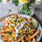 Someone taking a scoop of Mexican Street Corn Loaded Fries from the platter with a fork, showing the cheesy, loaded toppings.