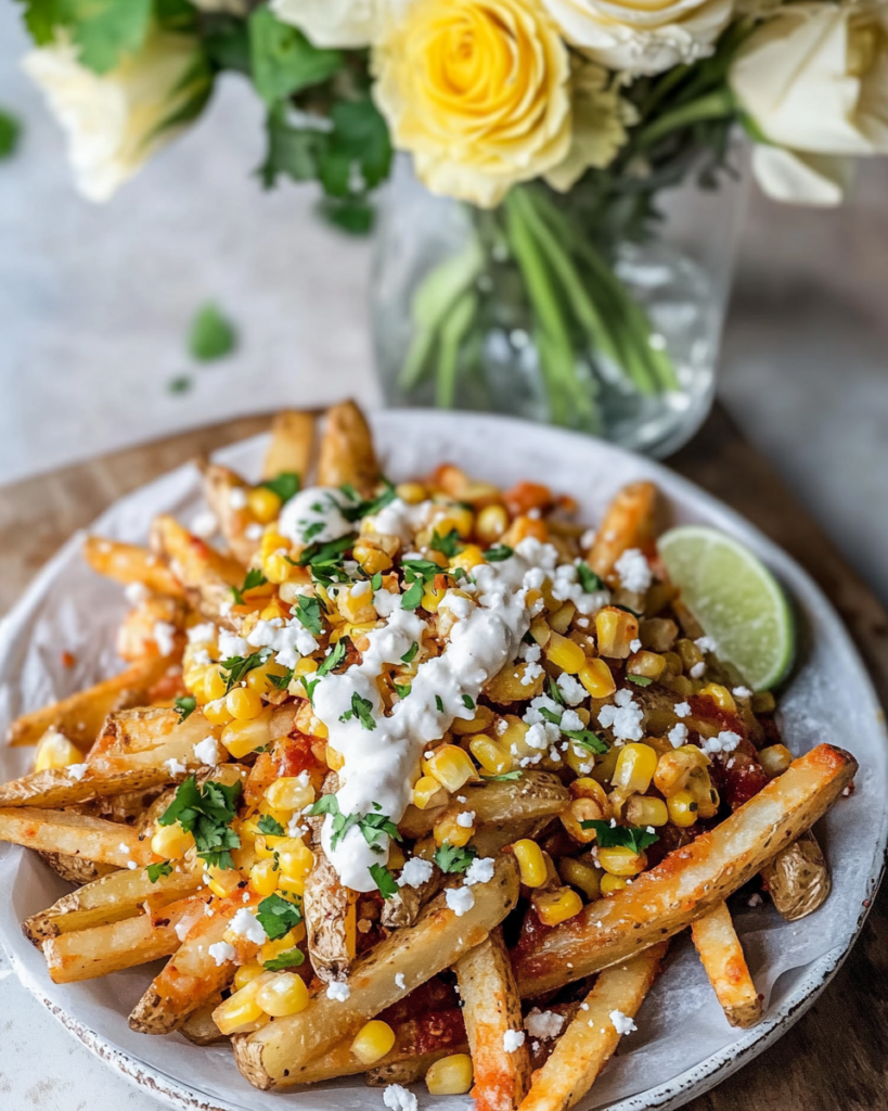 Someone taking a scoop of Mexican Street Corn Loaded Fries from the platter with a fork, showing the cheesy, loaded toppings.