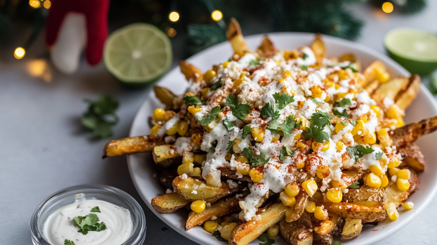 A platter piled high with crispy Mexican Street Corn Loaded Fries, topped with corn, cheese, crema, and cilantro.  