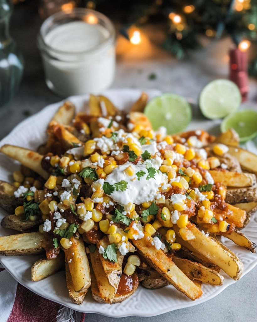 Layering the grilled street corn mixture and chili-lime crema over baked french fries for Mexican Street Corn Loaded Fries.