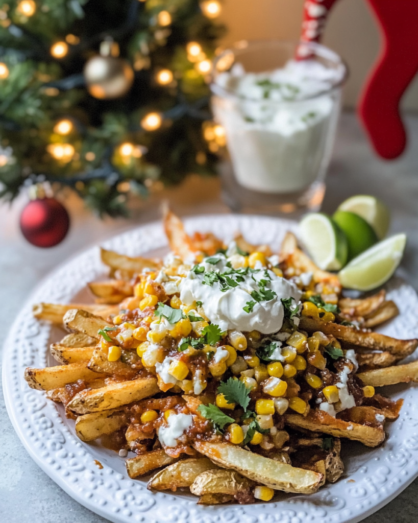  Ingredients for Mexican Street Corn Loaded Fries, including potatoes, corn on the cob, Cotija cheese, sour cream, mayo, lime, cilantro, and spices.