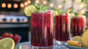 A glass of vibrant red Hibiscus Chia Fresca with visible chia seeds, garnished with a lime wedge.