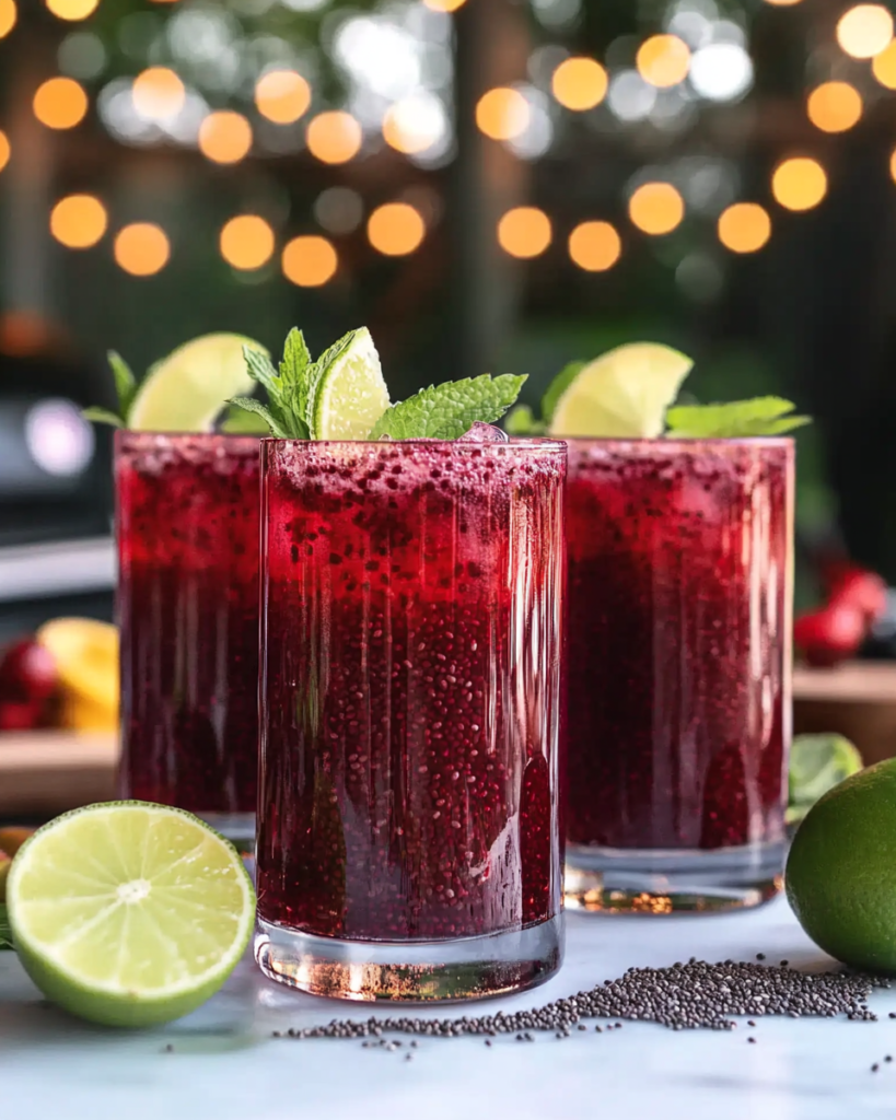 Ingredients for Hibiscus Chia Fresca, including dried hibiscus flowers, chia seeds, honey, and lime.