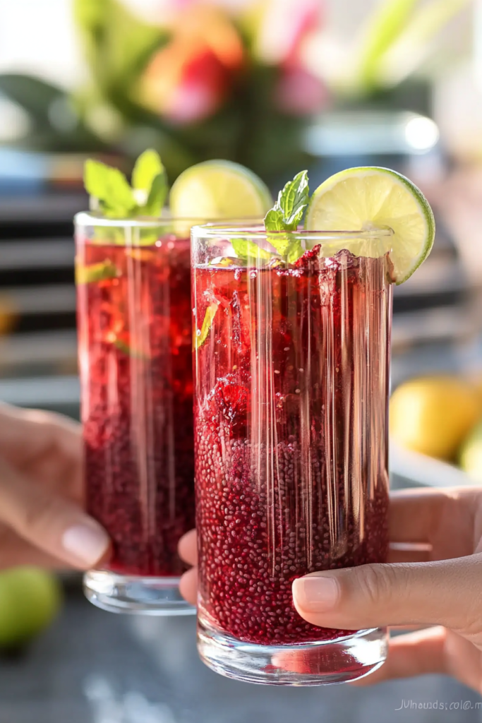 Pouring the Hibiscus Chia Fresca from a pitcher into a glass filled with ice.