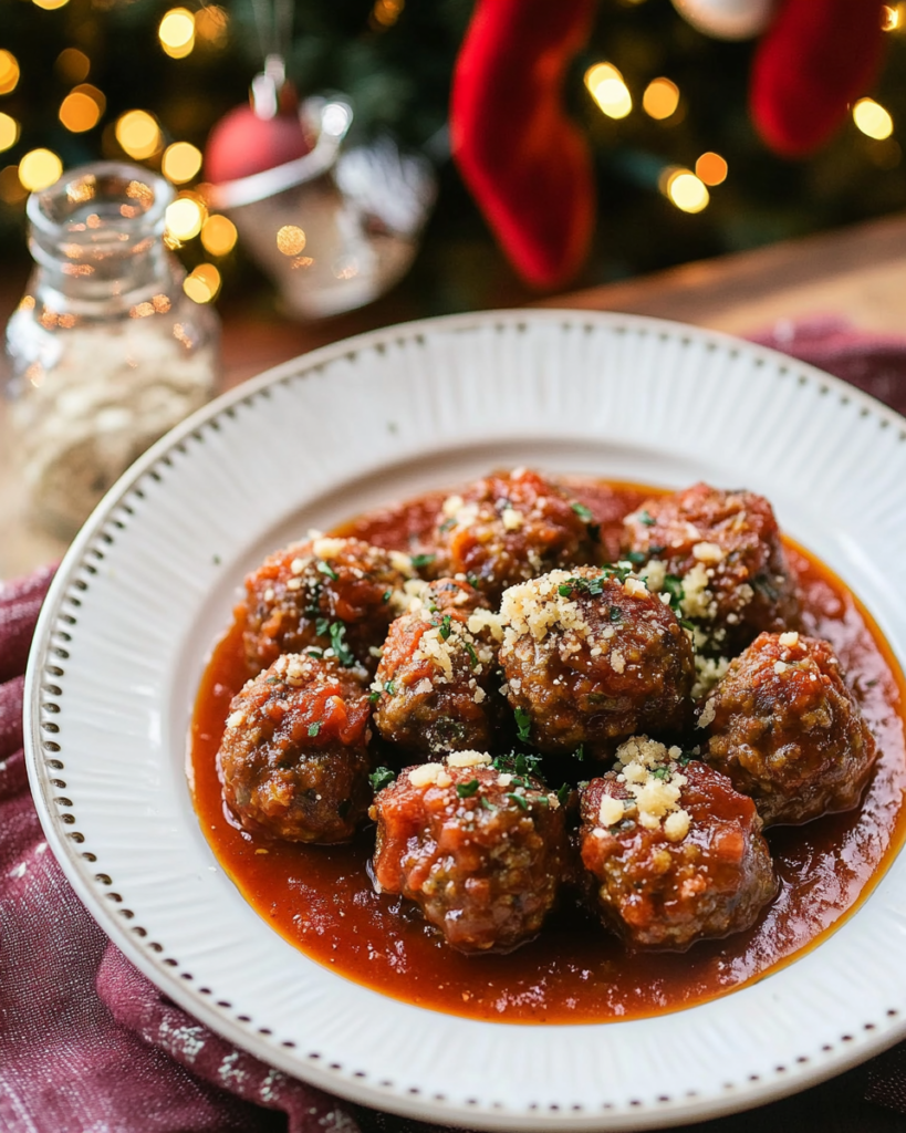  Ingredients for Sicilian-Style Meatballs, including ground beef, bread, milk, Parmesan, pine nuts, currants, herbs, and tomato sauce components.
