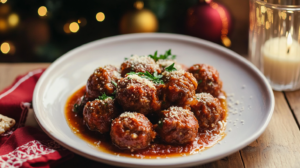 A bowl of Sicilian-Style Meatballs simmering in rich tomato sauce, garnished with Parmesan and parsley.