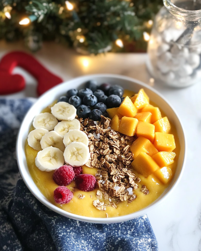 Blending the frozen fruit and milk in a high-speed blender for the Mango Smoothie Bowl.