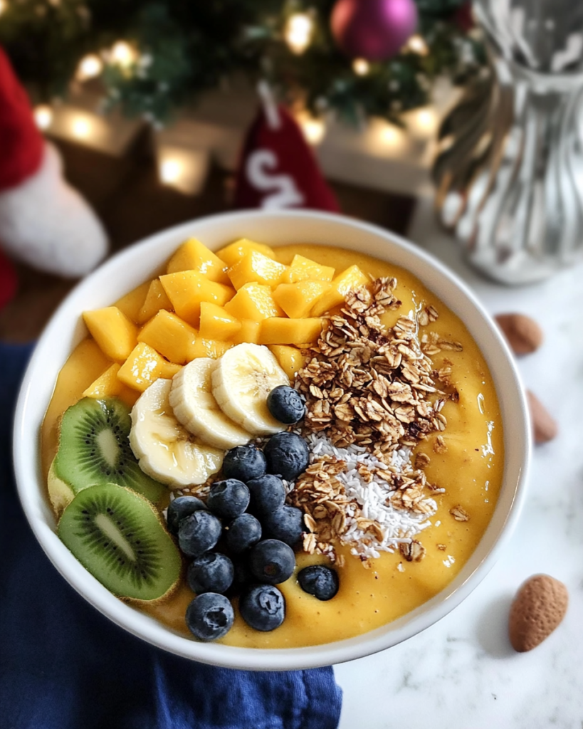 Ingredients for Mango Smoothie Bowl, including frozen mango, pineapple, banana, milk, ginger, and various fresh fruit/seed toppings.