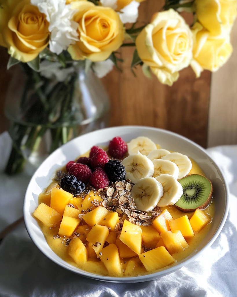 Someone eating the colorful Mango Smoothie Bowl with a spoon.