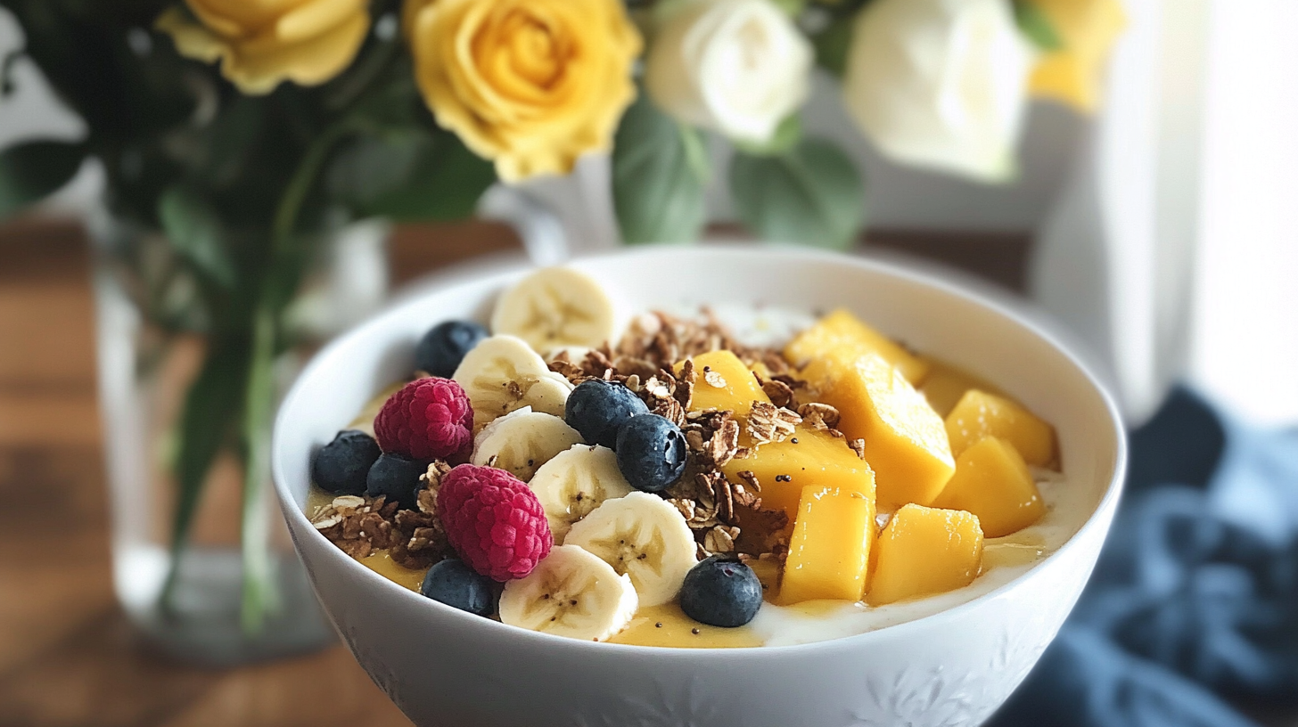 A vibrant orange Mango Smoothie Bowl topped beautifully with lines of fresh berries, kiwi, banana, granola, and coconut.