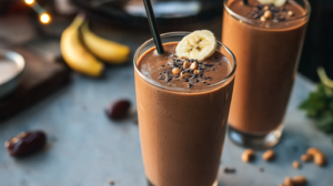 A creamy, chocolate-colored Mocha Cashew Smoothie in a glass, perhaps topped with cacao nibs.
