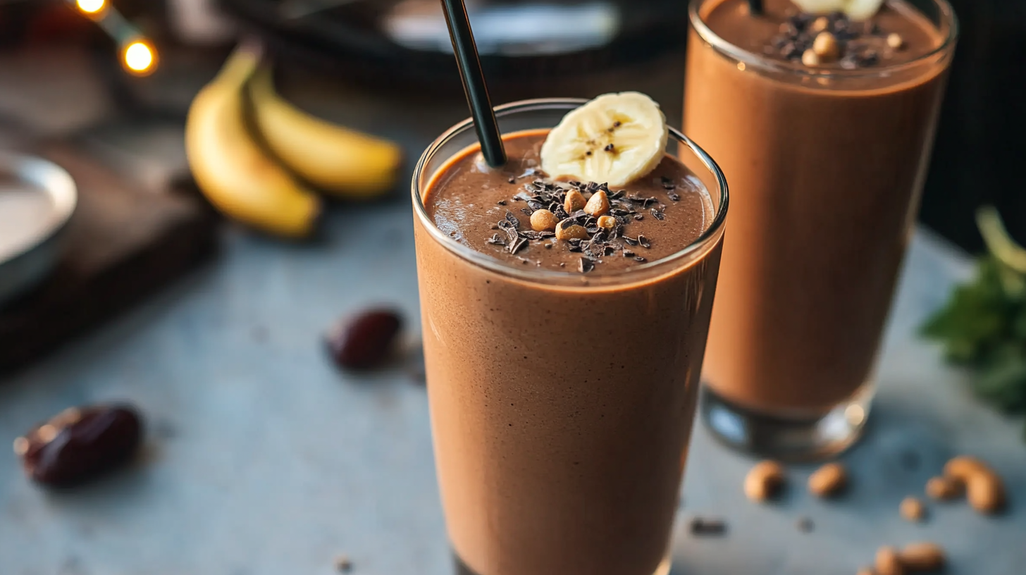 A creamy, chocolate-colored Mocha Cashew Smoothie in a glass, perhaps topped with cacao nibs.