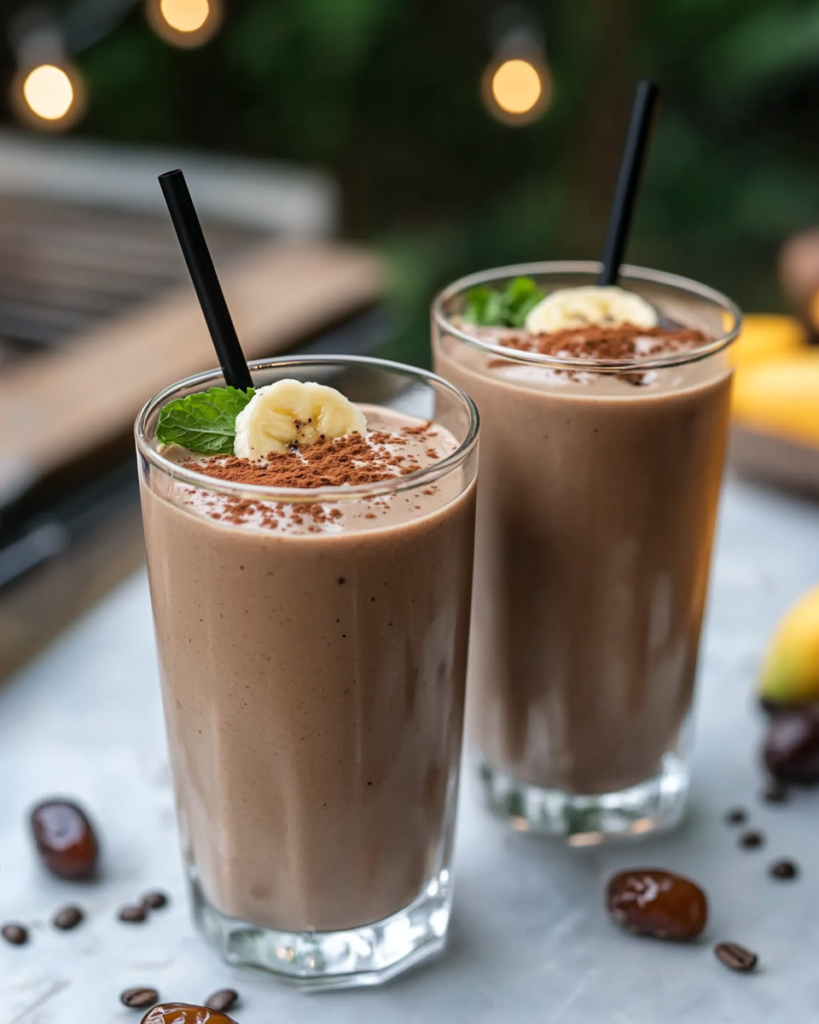 Someone enjoying the thick and creamy Mocha Cashew Smoothie with a straw.