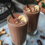 Blending the ingredients for the Mocha Cashew Smoothie in a high-speed blender.