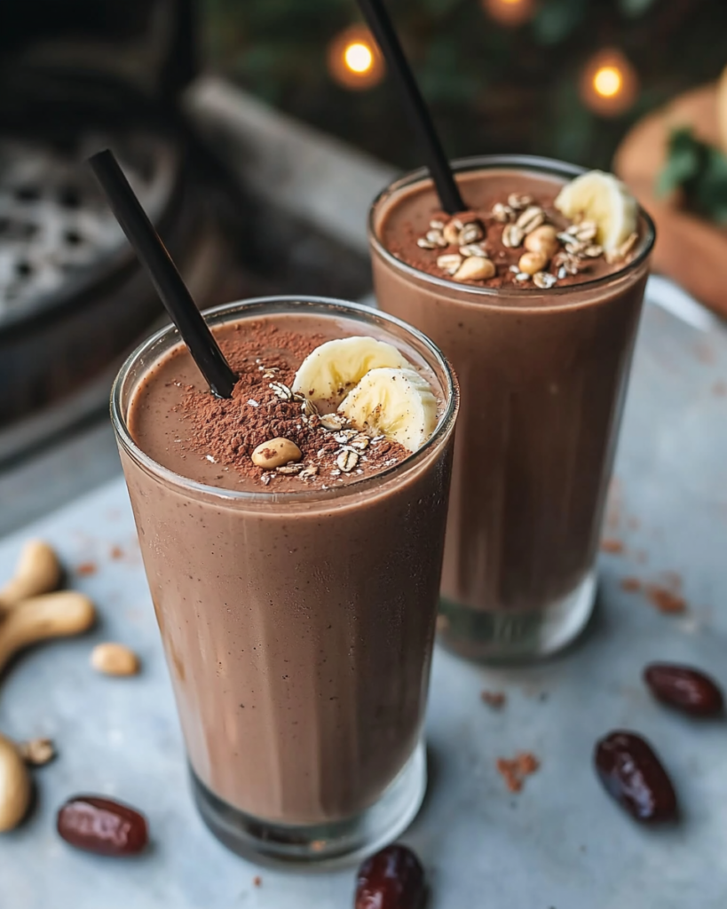Blending the ingredients for the Mocha Cashew Smoothie in a high-speed blender.