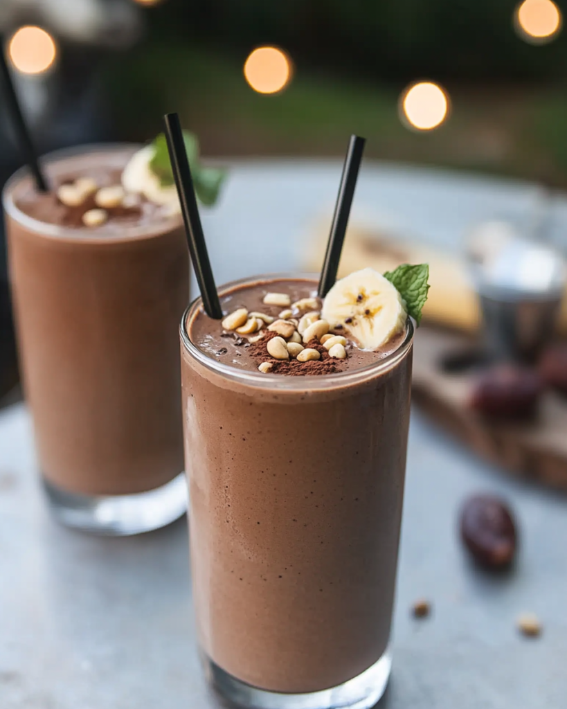 Ingredients for Chocolate Coconut Smoothie, including frozen banana, coconut flakes, cacao powder, almond milk, dates, and almond butter.
