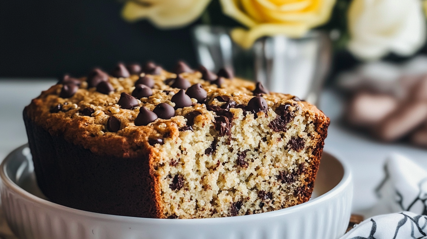A slice of Quinoa Flour Banana Bread showing the texture and chocolate chips, perhaps on a plate with coffee.