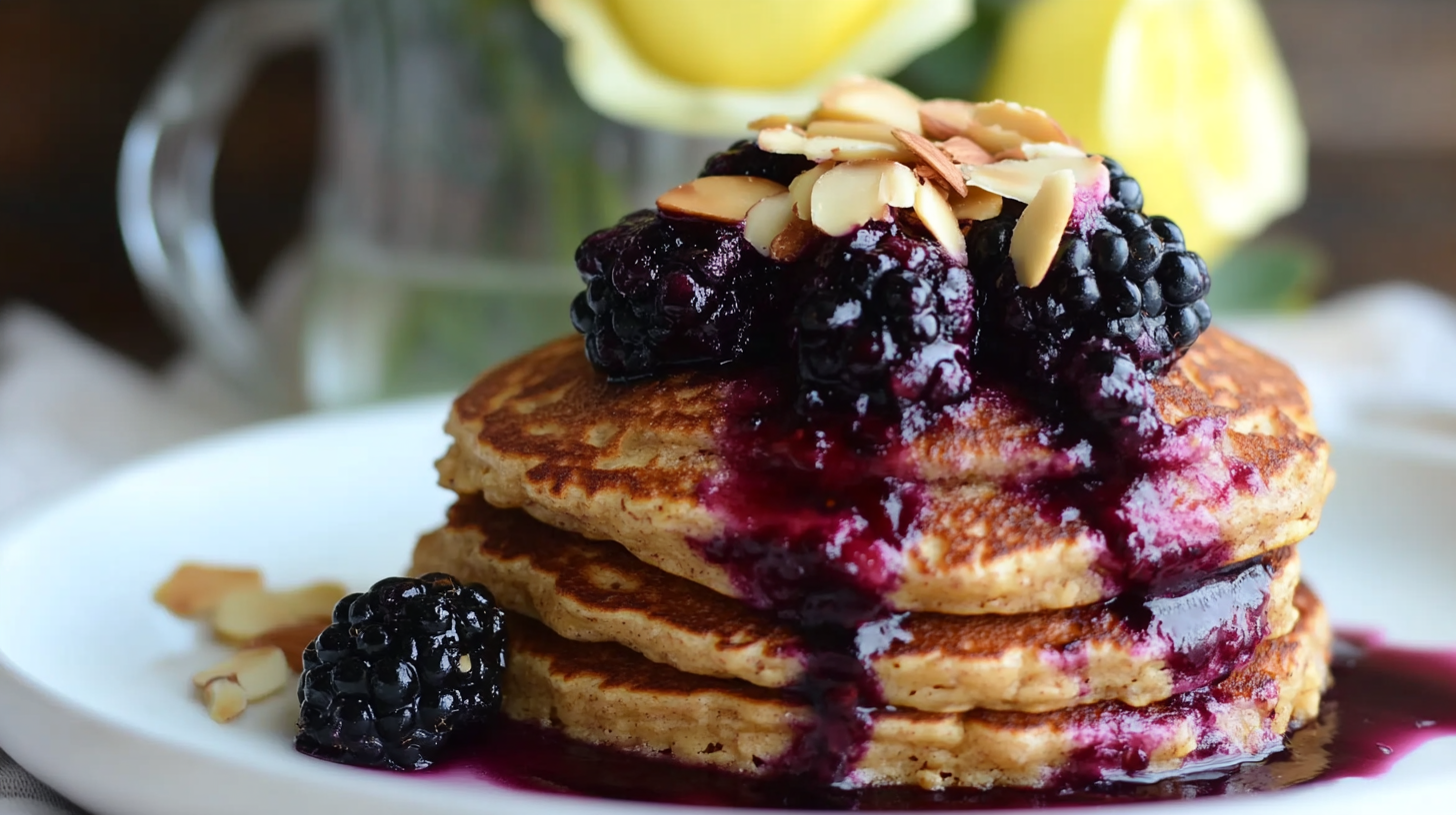A stack of fluffy Lemon Ricotta Pancakes topped with blackberry compote, toasted almonds, and maple syrup.