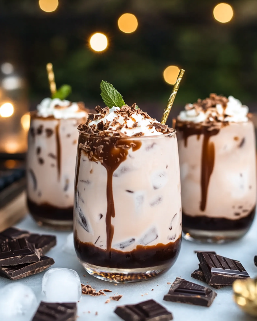 Ingredients for Chocolate Caramel White Russian, including vodka, Kahlua (or coffee liqueur), heavy cream, dark chocolate, caramel sauce, corn syrup, and brown sugar.